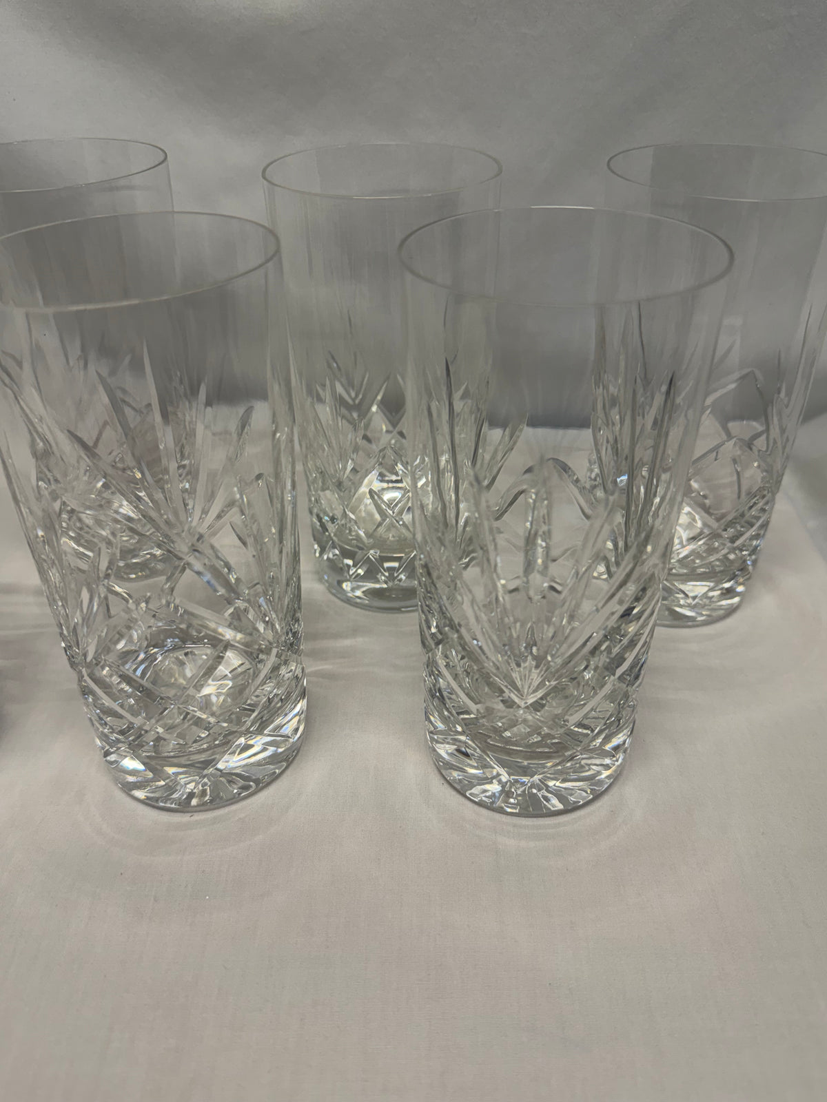 Cut Crystal Highball Glasses Set of 7 Vertical & Crosshatched Geometric Design