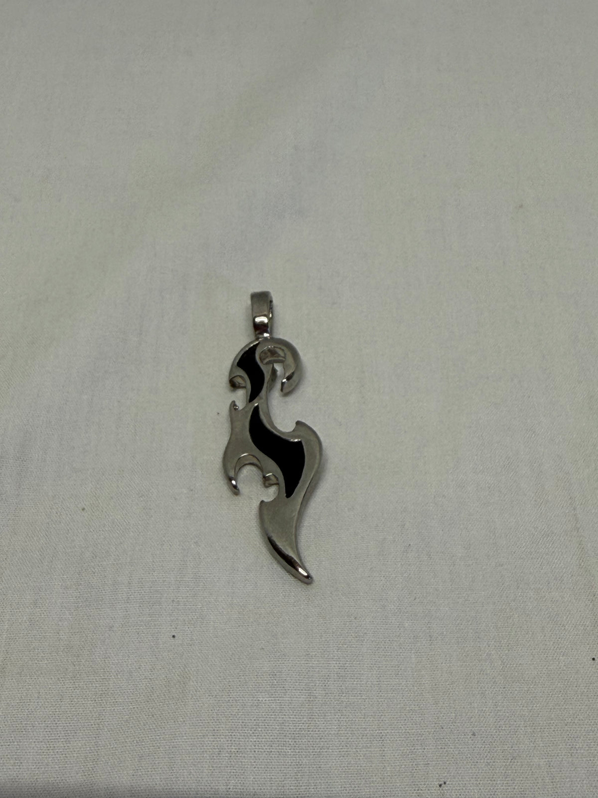 Y2K Cyber Tribal Flame Pendant Silver & Black Curved Wave Charm