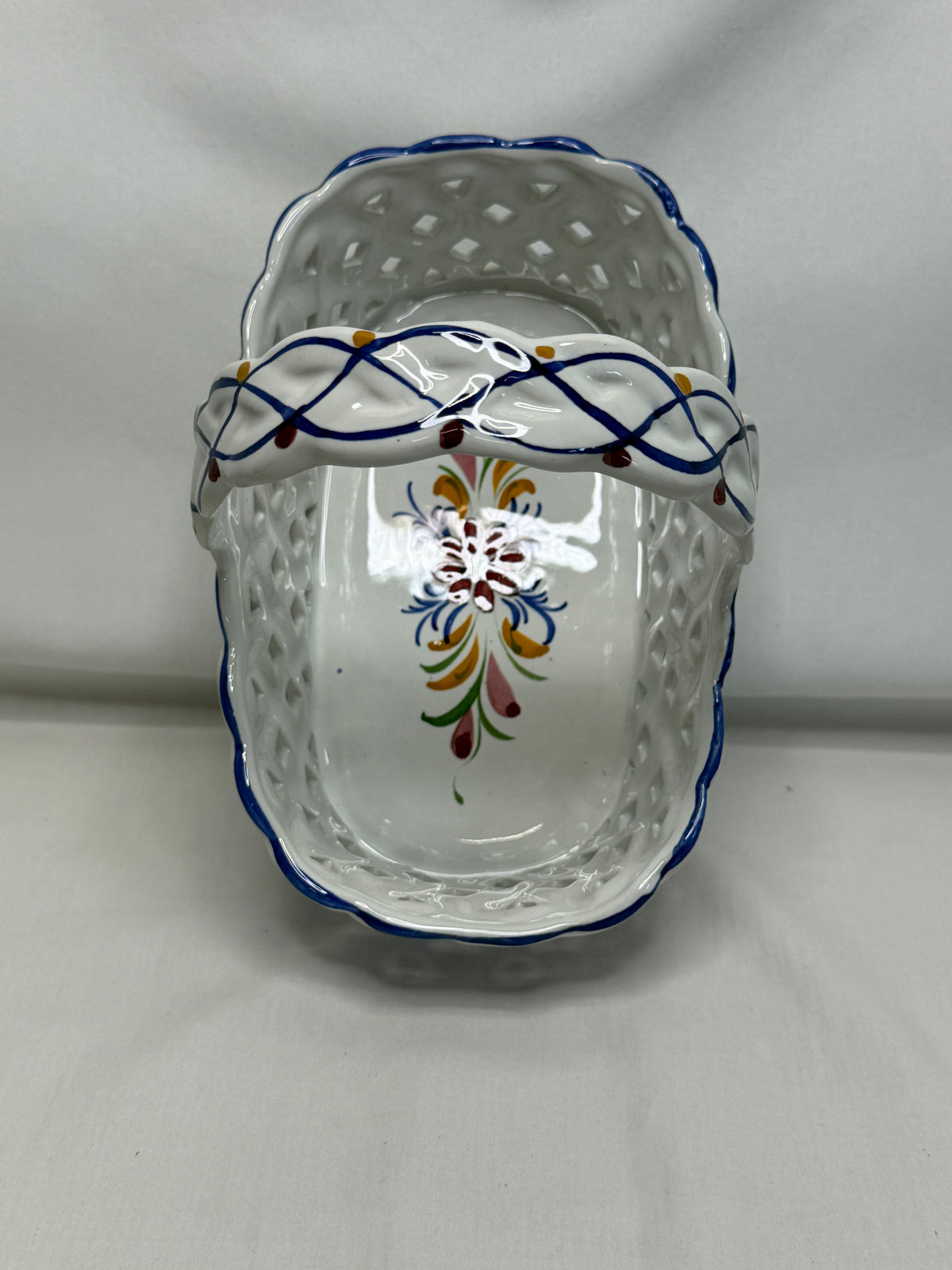 Vtg Hand Painted Portugal RcL Ceramic Lattice Basket Pierced Reticulated 7.5"