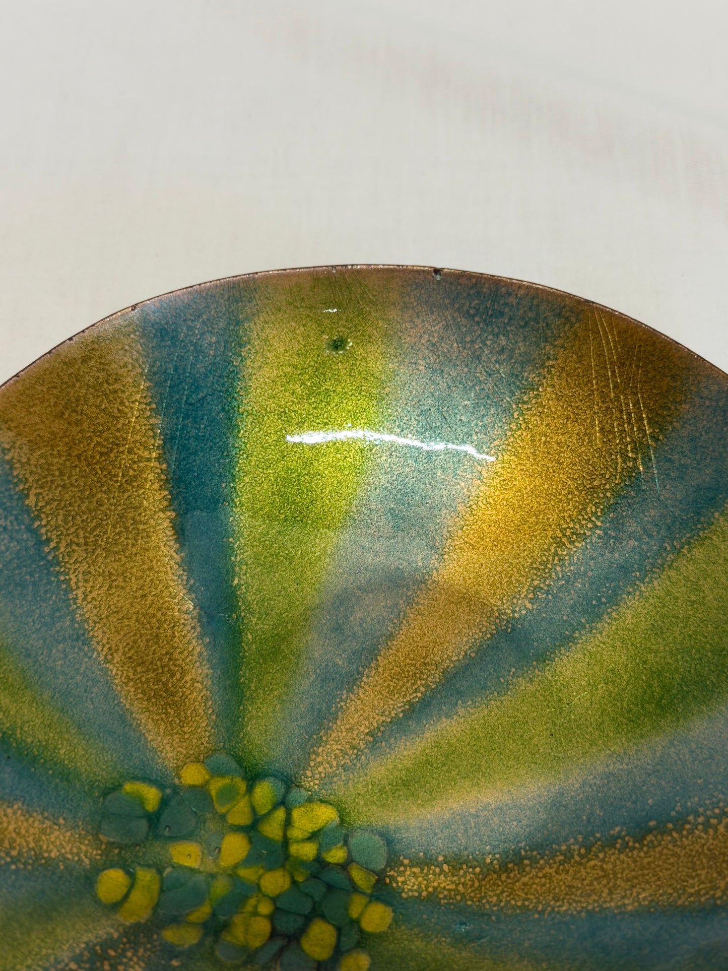 Bovano of Cheshire Enameled Copper Bowl 6" Green Blue Gold