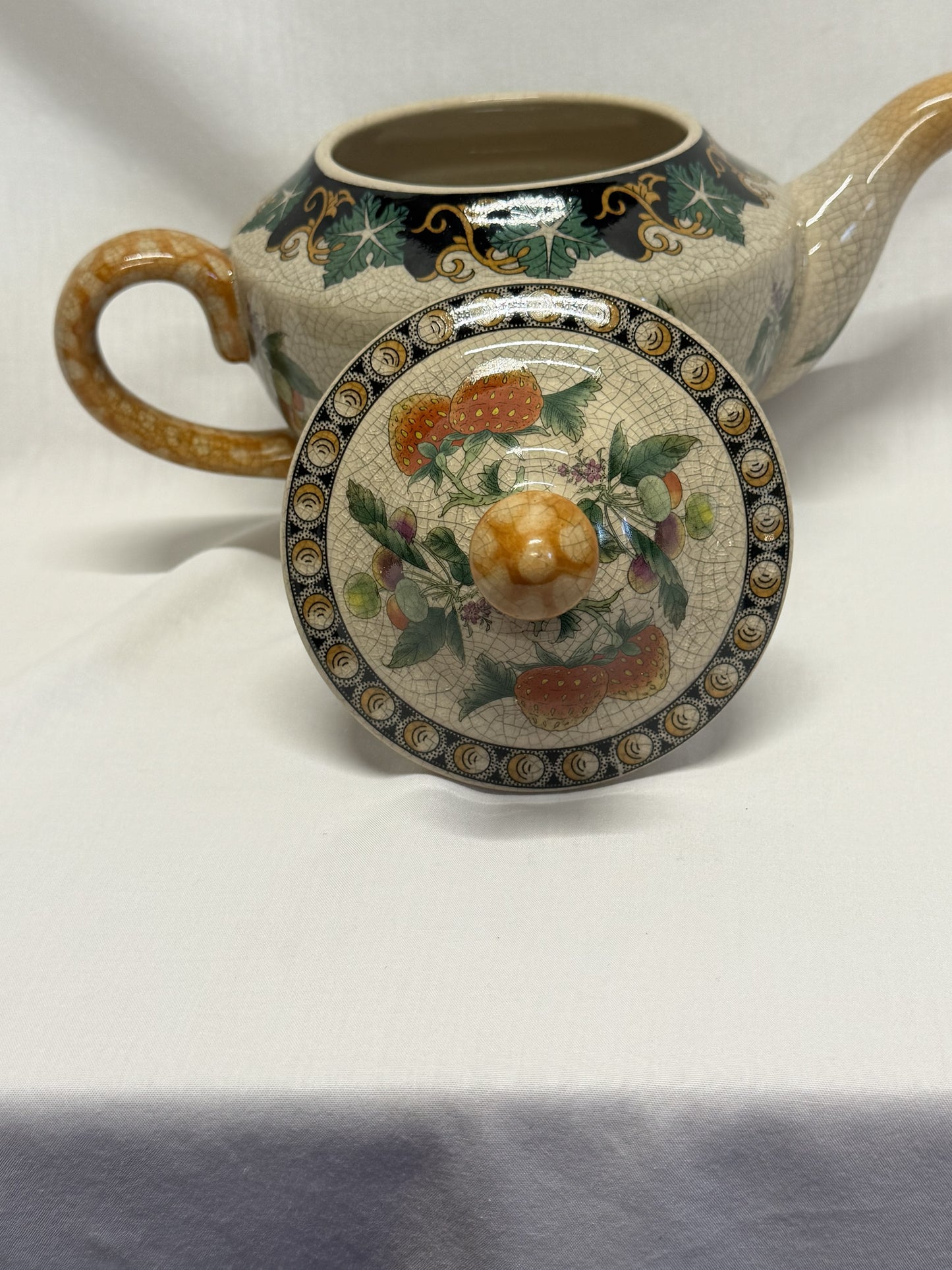 Crackled Glass Teapot Strawberry Apple Grapes Cherries
