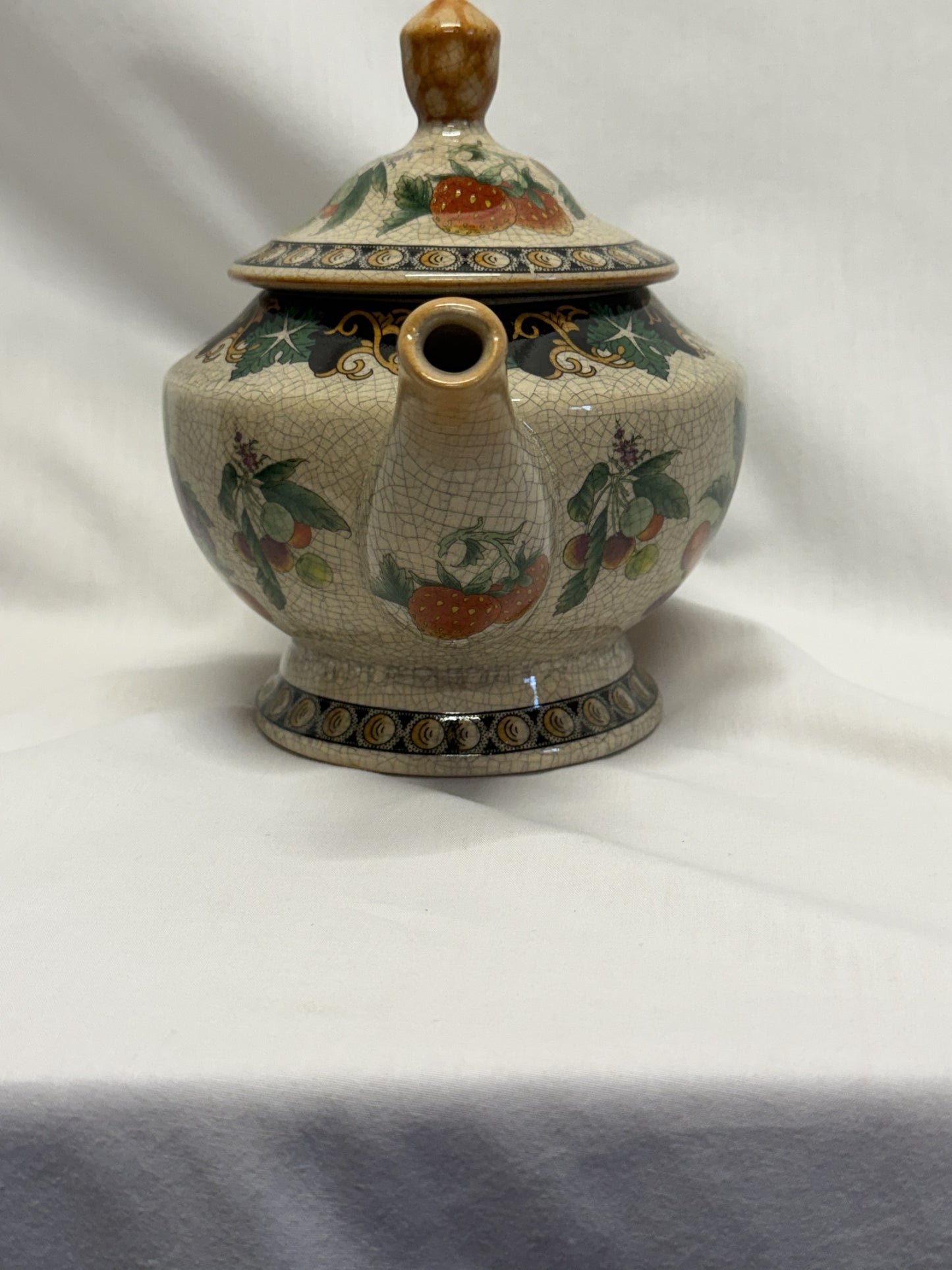 Crackled Glass Teapot Strawberry Apple Grapes Cherries