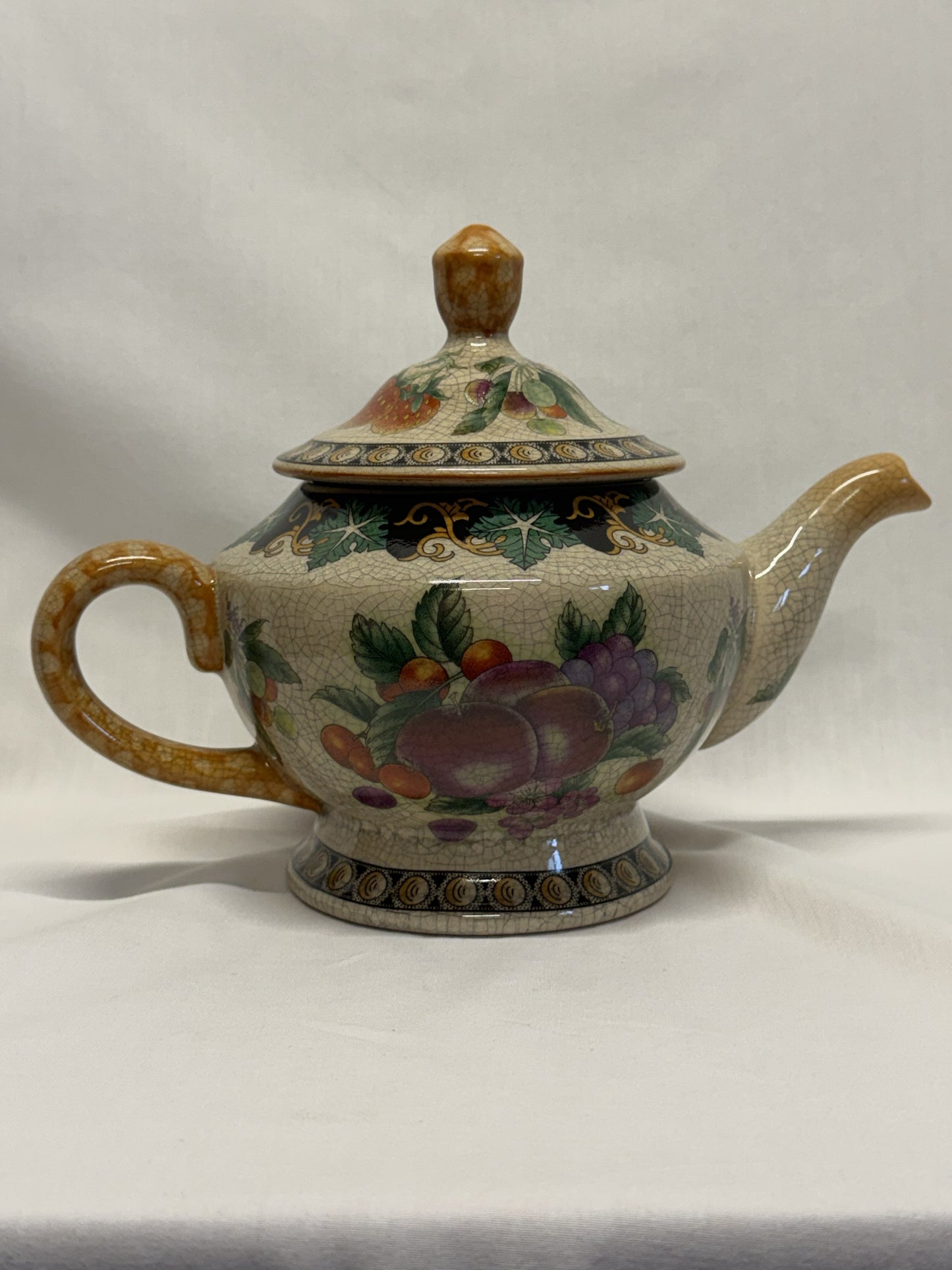 Crackled Glass Teapot Strawberry Apple Grapes Cherries