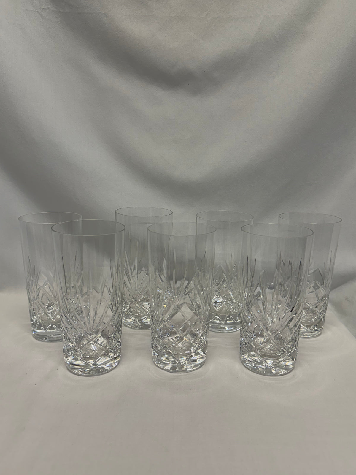 Cut Crystal Highball Glasses Set of 7 Vertical & Crosshatched Geometric Design