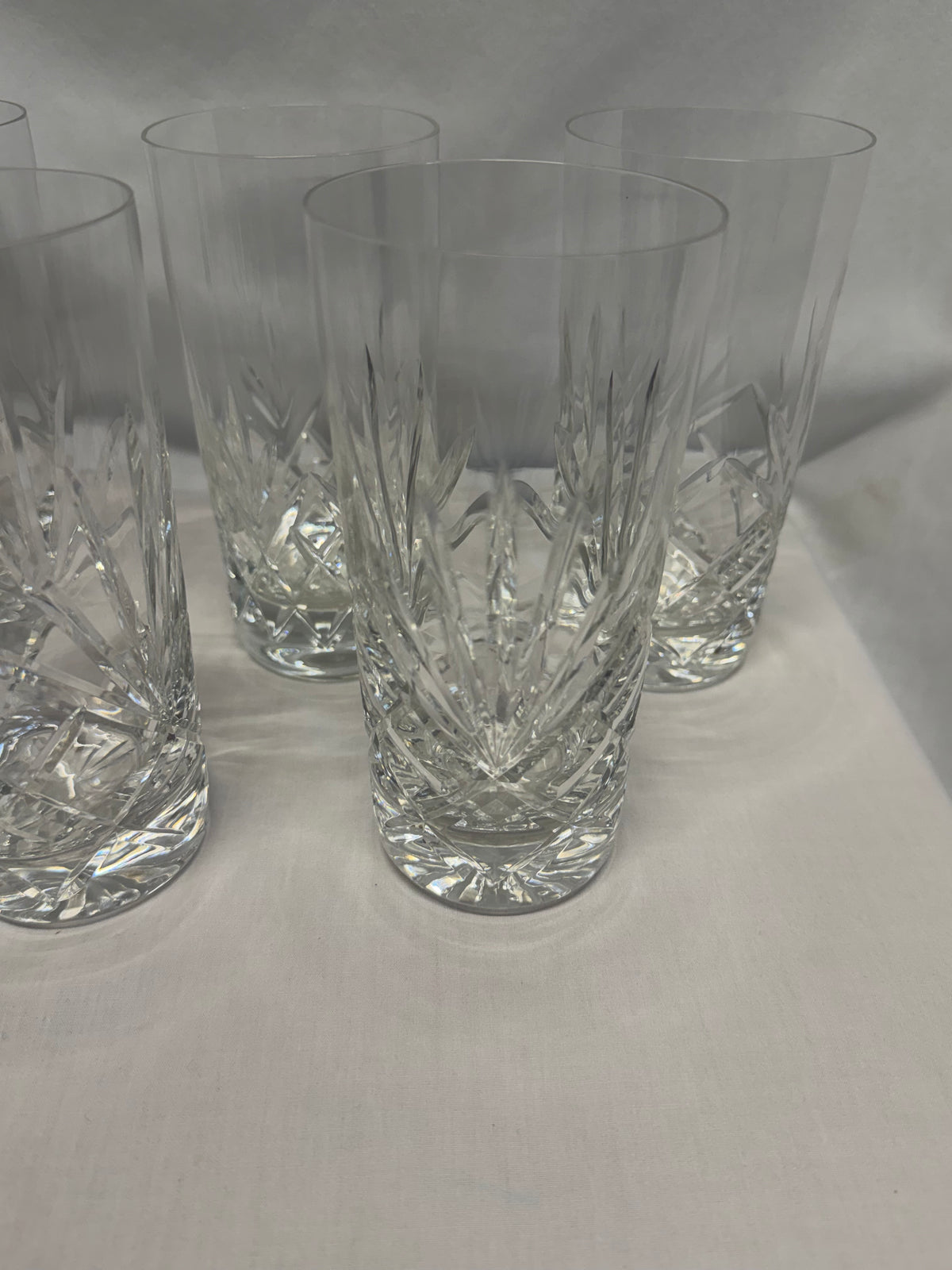 Cut Crystal Highball Glasses Set of 7 Vertical & Crosshatched Geometric Design