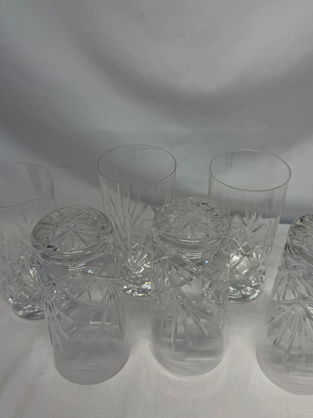 Cut Crystal Highball Glasses Set of 7 Vertical & Crosshatched Geometric Design
