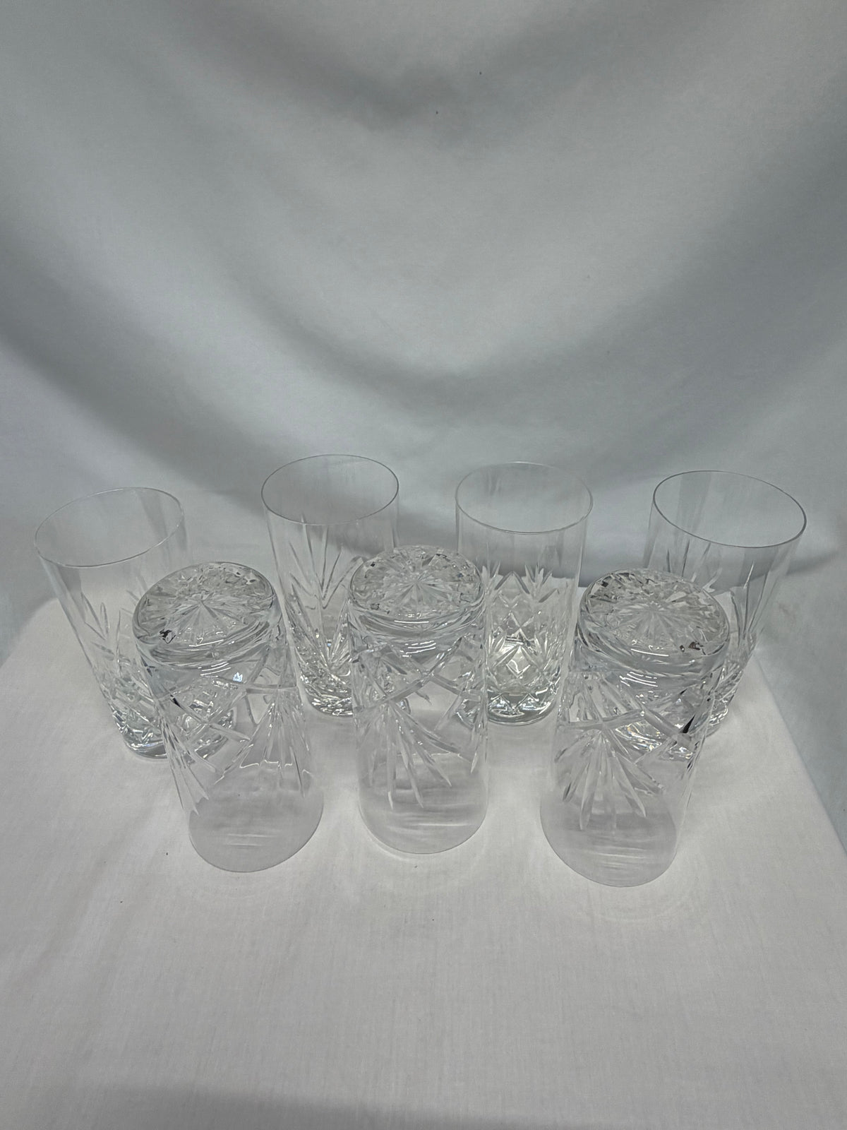 Cut Crystal Highball Glasses Set of 7 Vertical & Crosshatched Geometric Design