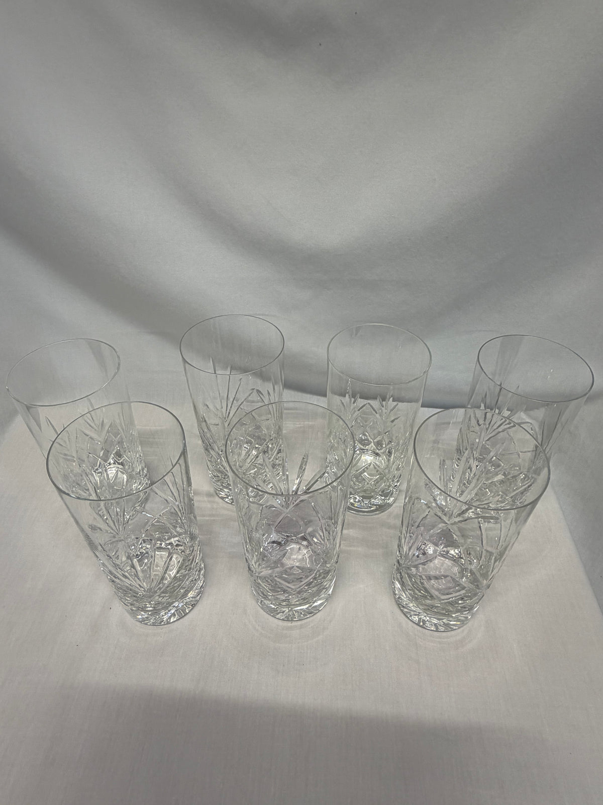 Cut Crystal Highball Glasses Set of 7 Vertical & Crosshatched Geometric Design