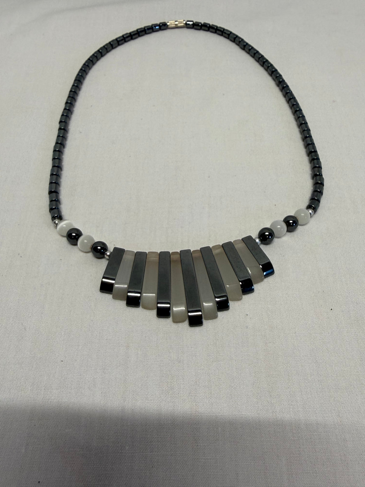 Vintage 17.5" Hermatite & Mother of Pearl Fan Bib Necklace