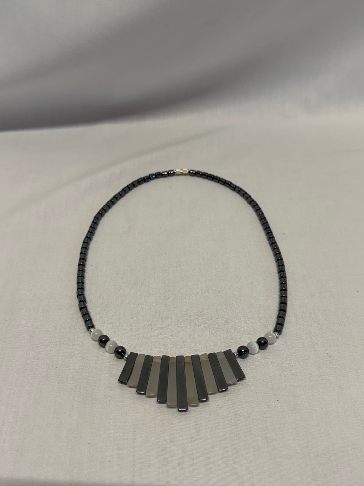 Vintage 17.5" Hermatite & Mother of Pearl Fan Bib Necklace