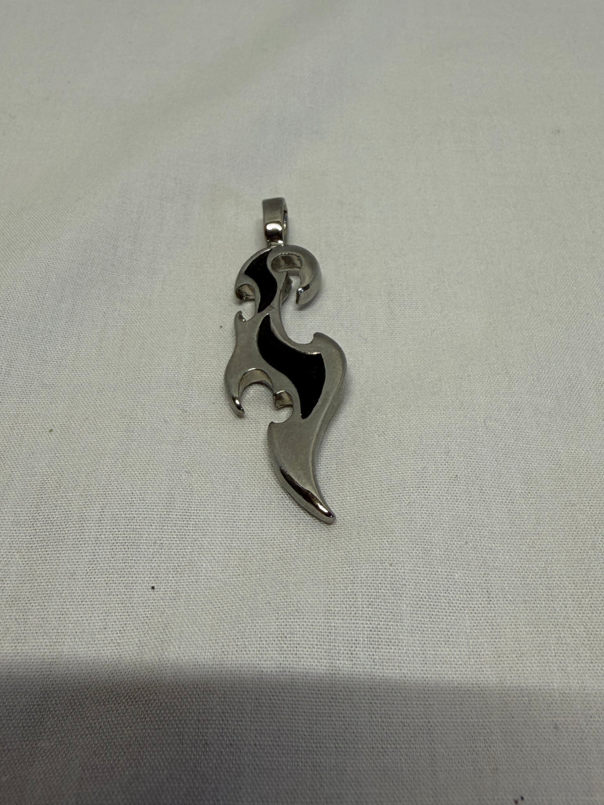 Y2K Cyber Tribal Flame Pendant Silver & Black Curved Wave Charm