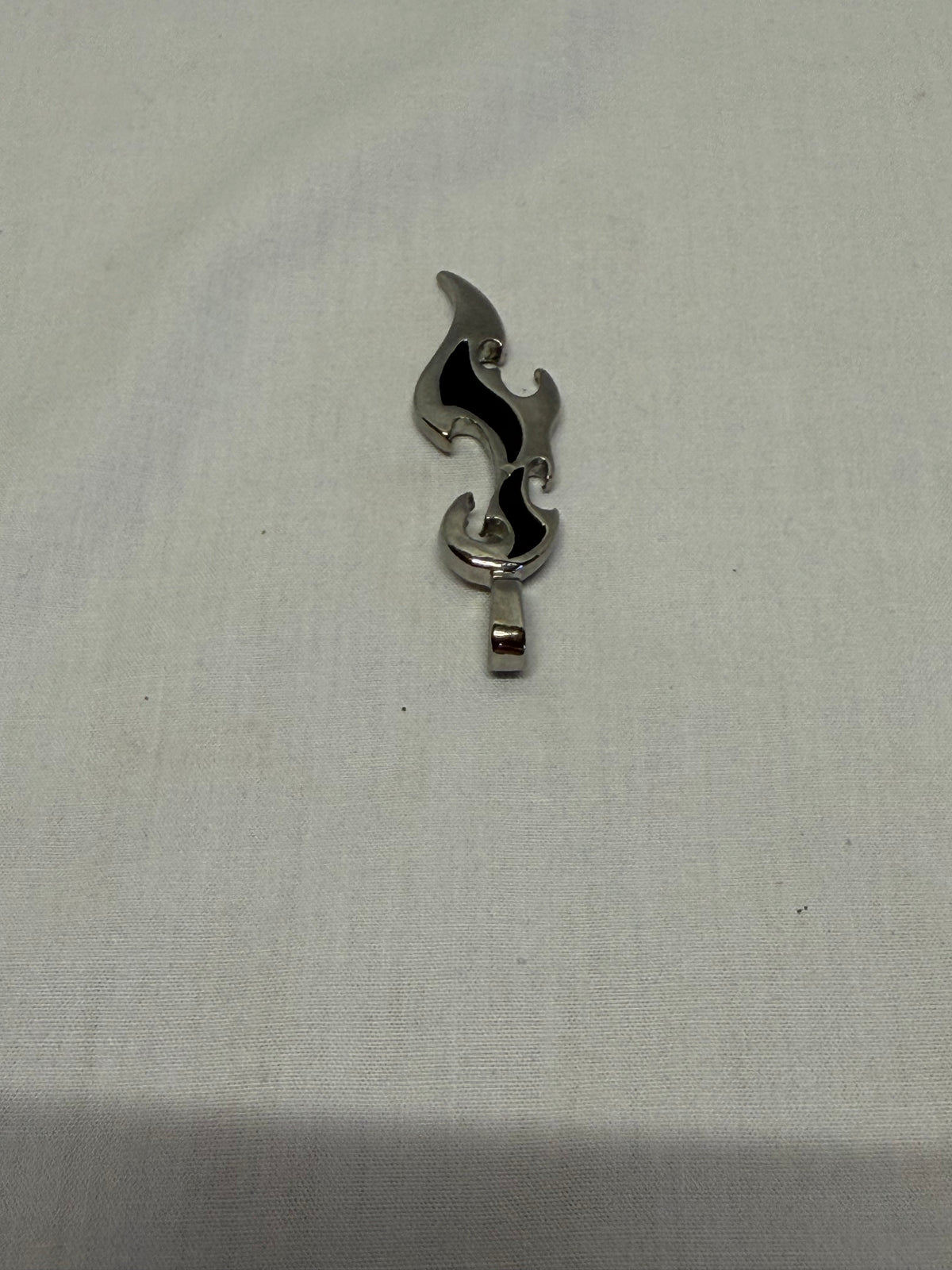 Y2K Cyber Tribal Flame Pendant Silver & Black Curved Wave Charm