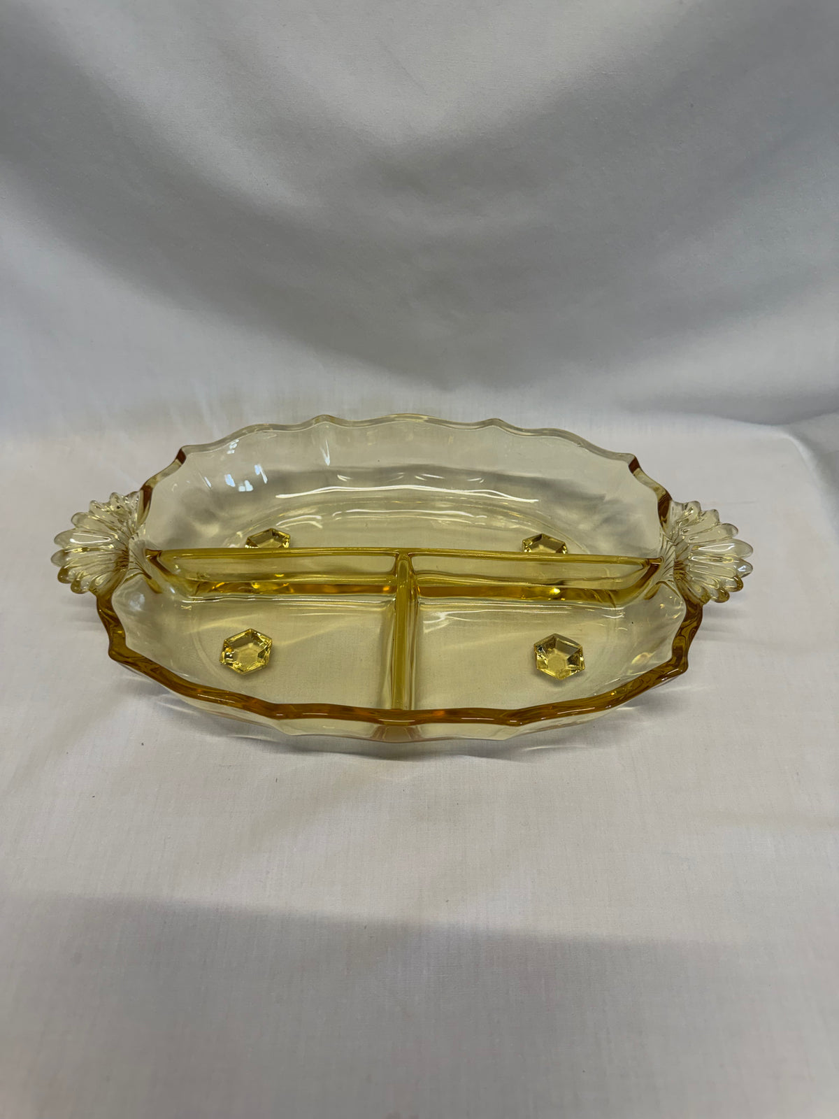 Vintage Fostoria Baroque Topaz Yellow Depression Glass 3-Part Relish Dish 12"
