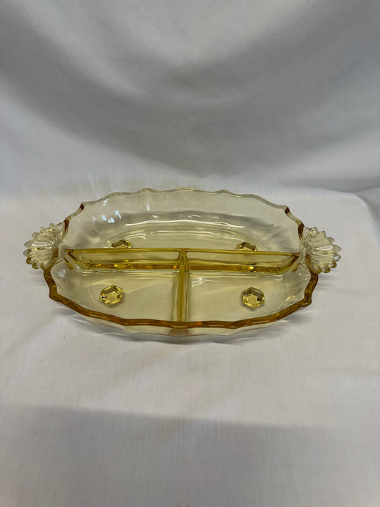 Vintage Fostoria Baroque Topaz Yellow Depression Glass 3-Part Relish Dish 12"