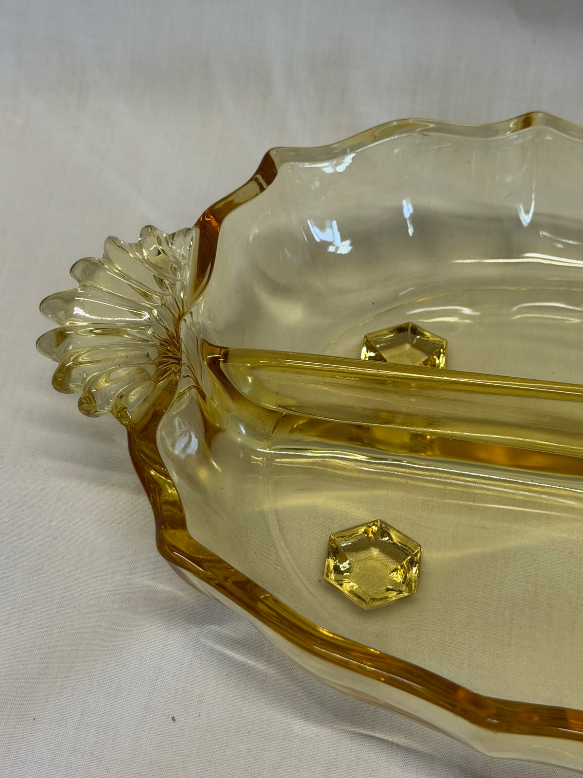 Vintage Fostoria Baroque Topaz Yellow Depression Glass 3-Part Relish Dish 12"