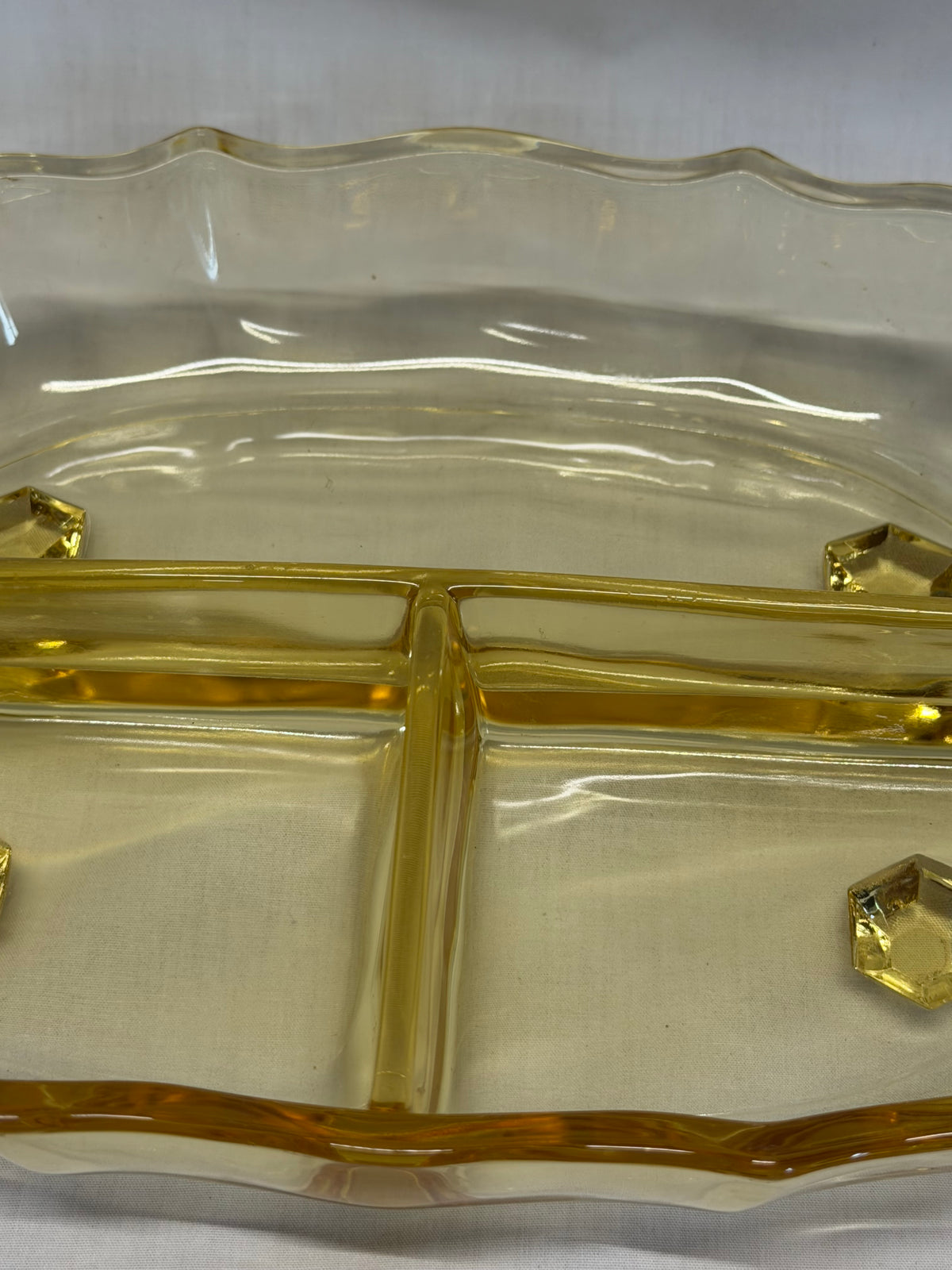 Vintage Fostoria Baroque Topaz Yellow Depression Glass 3-Part Relish Dish 12"