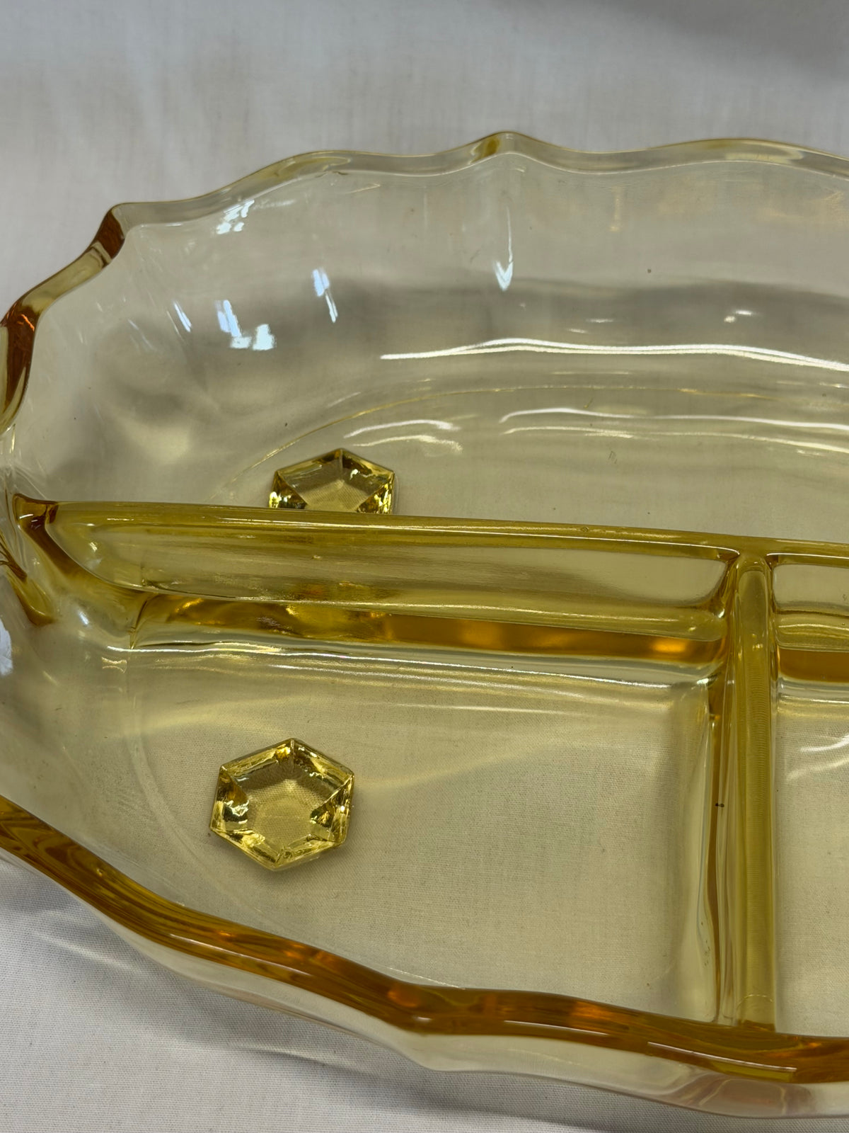 Vintage Fostoria Baroque Topaz Yellow Depression Glass 3-Part Relish Dish 12"