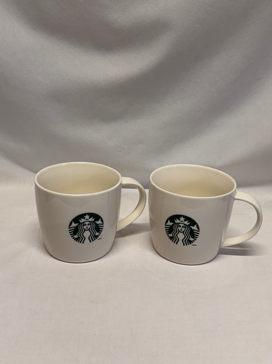 Set of 2 2013 Starbucks 12 oz White Mugs Green & White Siren Logo