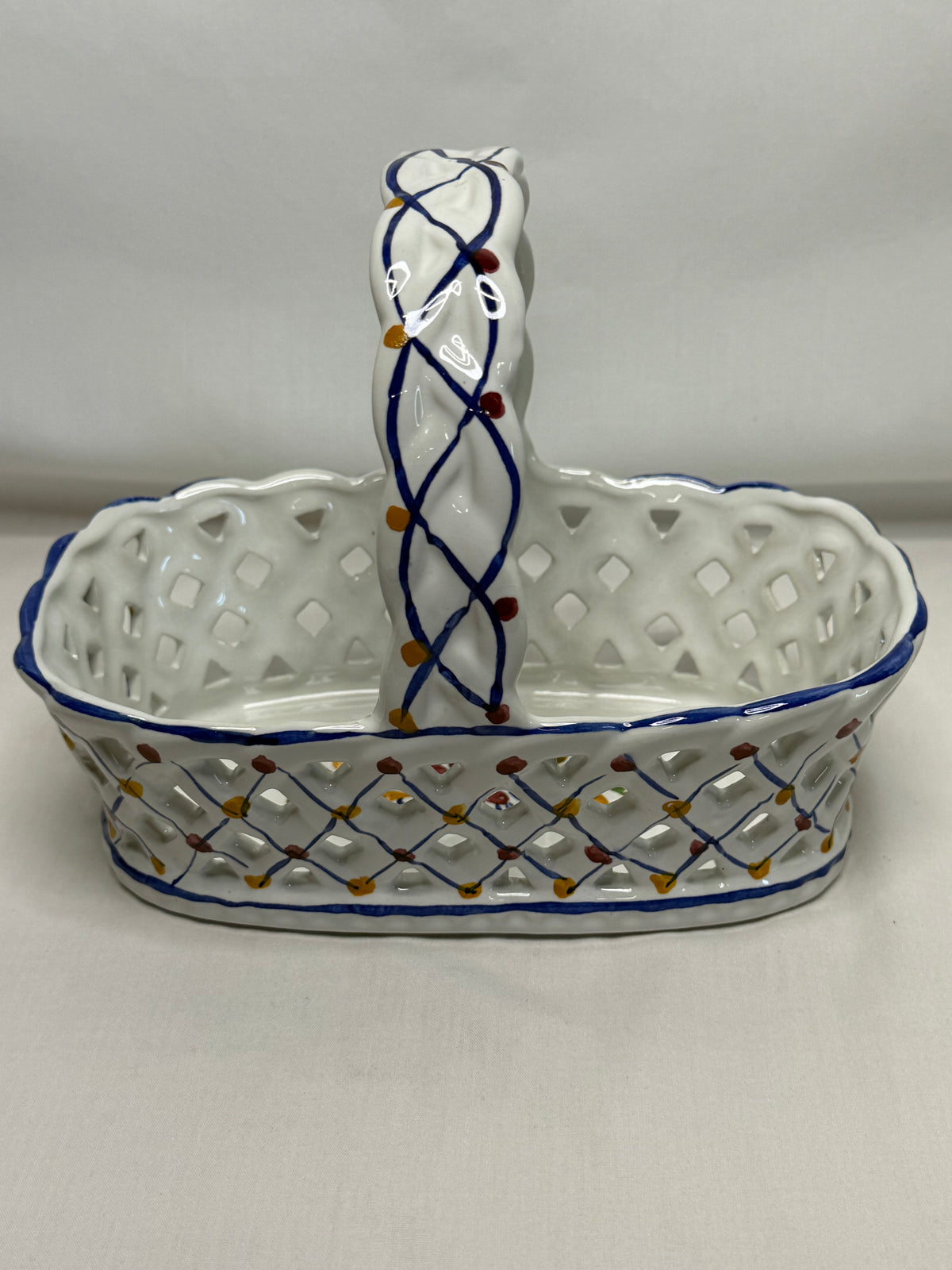 Vtg Hand Painted Portugal RcL Ceramic Lattice Basket Pierced Reticulated 7.5"