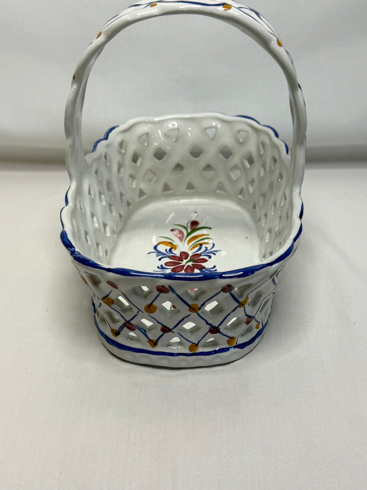 Vtg Hand Painted Portugal RcL Ceramic Lattice Basket Pierced Reticulated 7.5"
