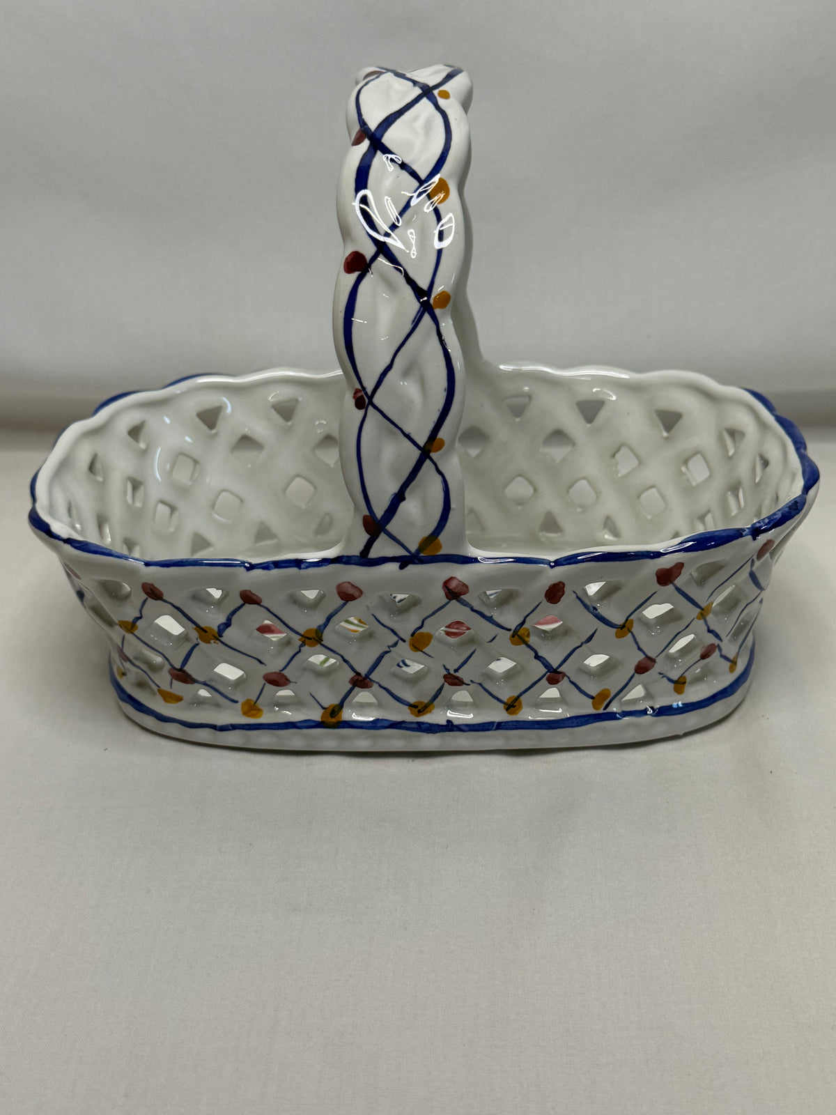Vtg Hand Painted Portugal RcL Ceramic Lattice Basket Pierced Reticulated 7.5"