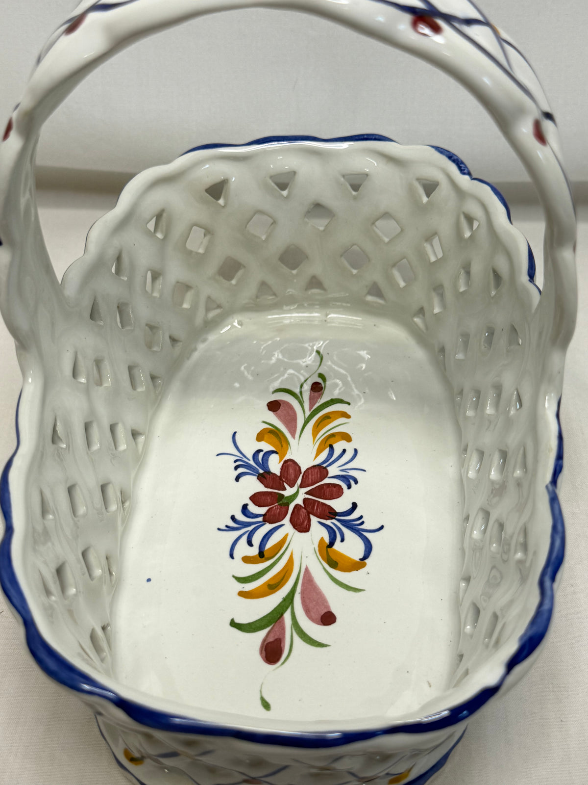Vtg Hand Painted Portugal RcL Ceramic Lattice Basket Pierced Reticulated 7.5"