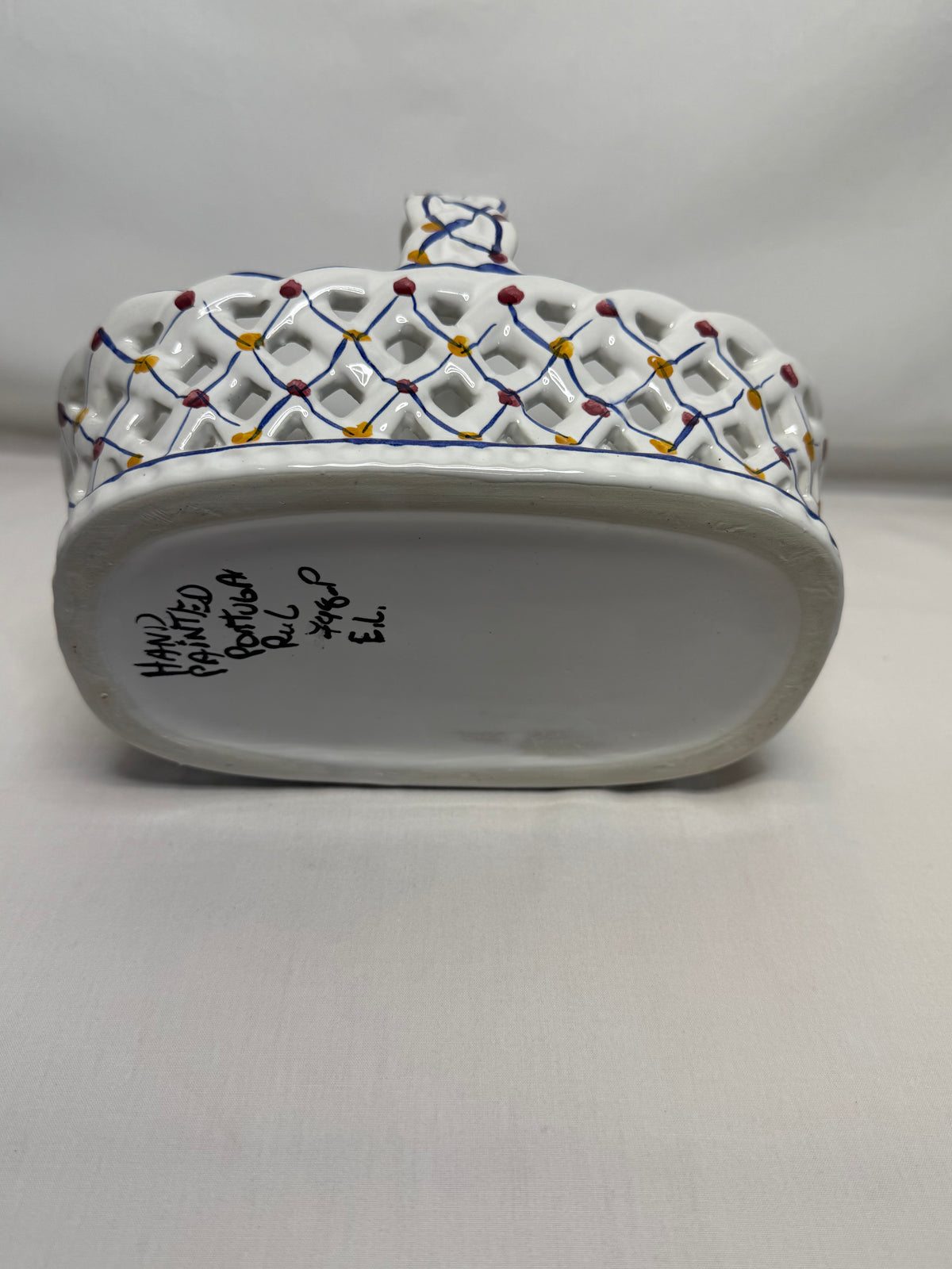 Vtg Hand Painted Portugal RcL Ceramic Lattice Basket Pierced Reticulated 7.5"