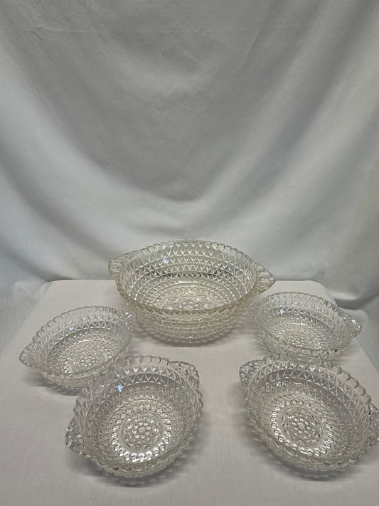 Vintage Indiana Glass Diamond Cut Hobnail Serving Bowls Scalloped Rim Handles