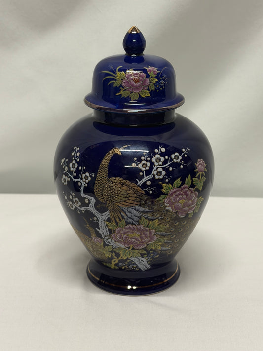 Japan Cobalt Blue Ceramic Ginger Jar 8" Peafowl Peacock Vintage