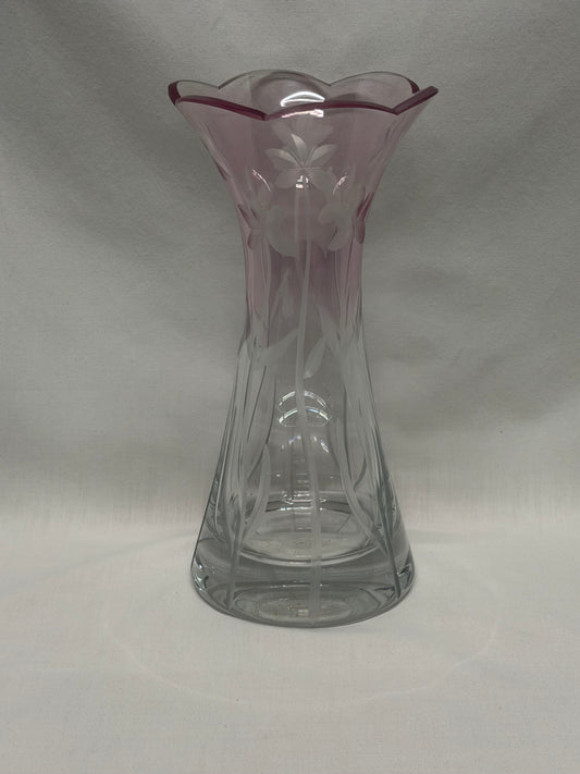 Lenox Floral Spirit Pink-to-Clear Ombre Vase Etched 8.75” Scalloped Edge
