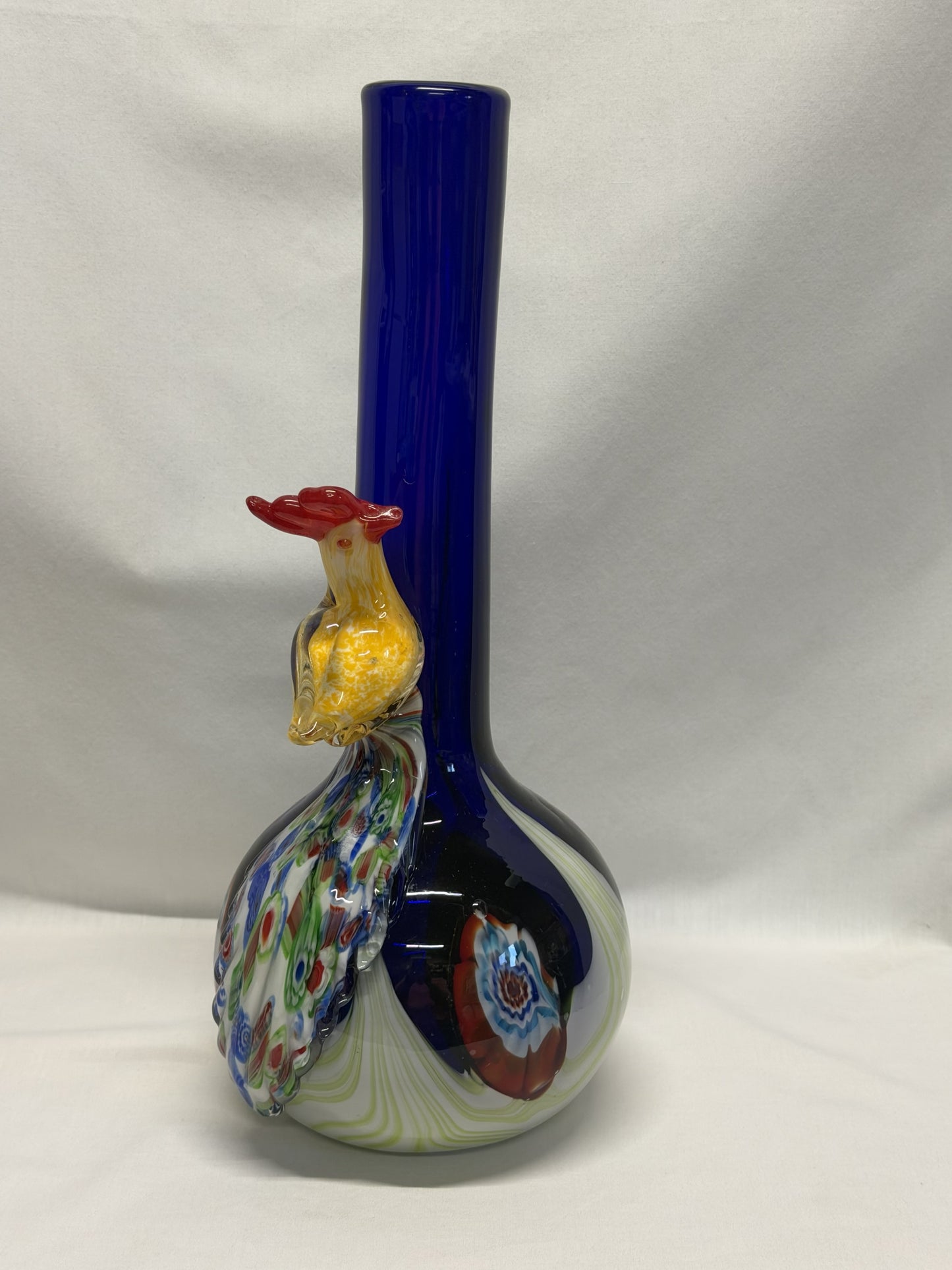 Handblown Art Glass Vase 3D Applied Peacock 14.25 Inches High