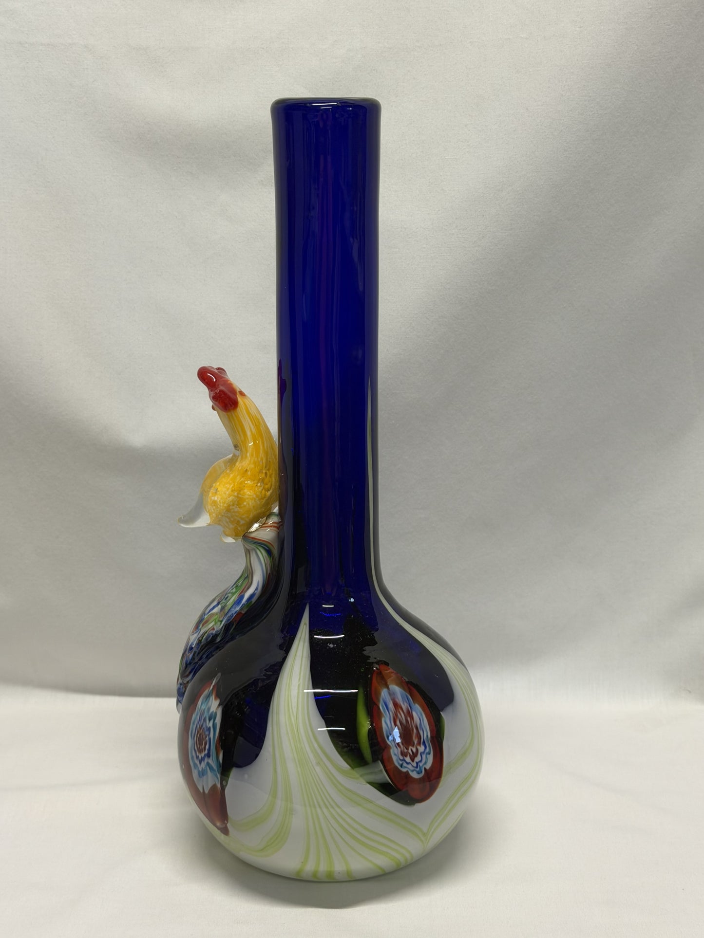 Handblown Art Glass Vase 3D Applied Peacock 14.25 Inches High