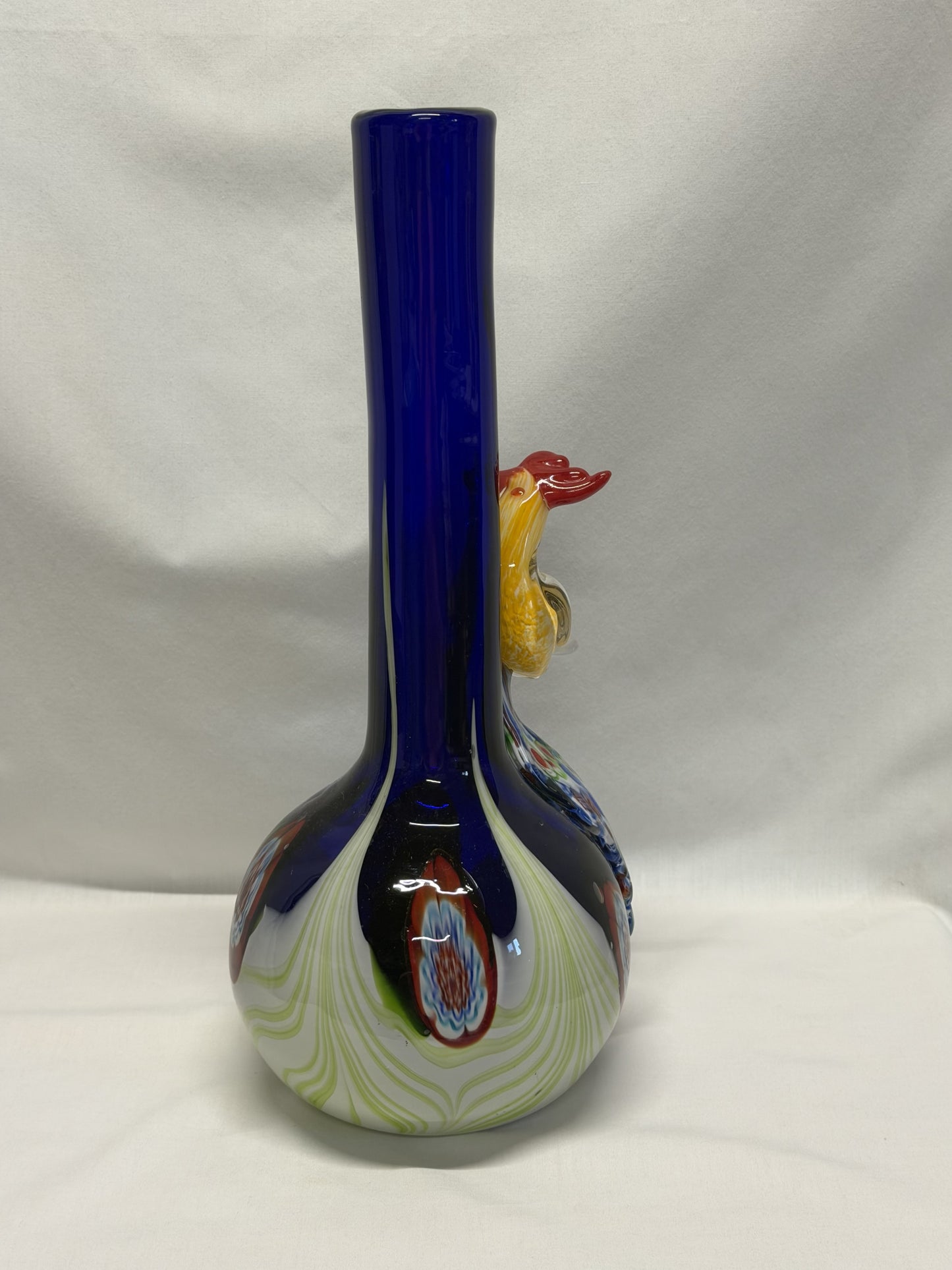 Handblown Art Glass Vase 3D Applied Peacock 14.25 Inches High