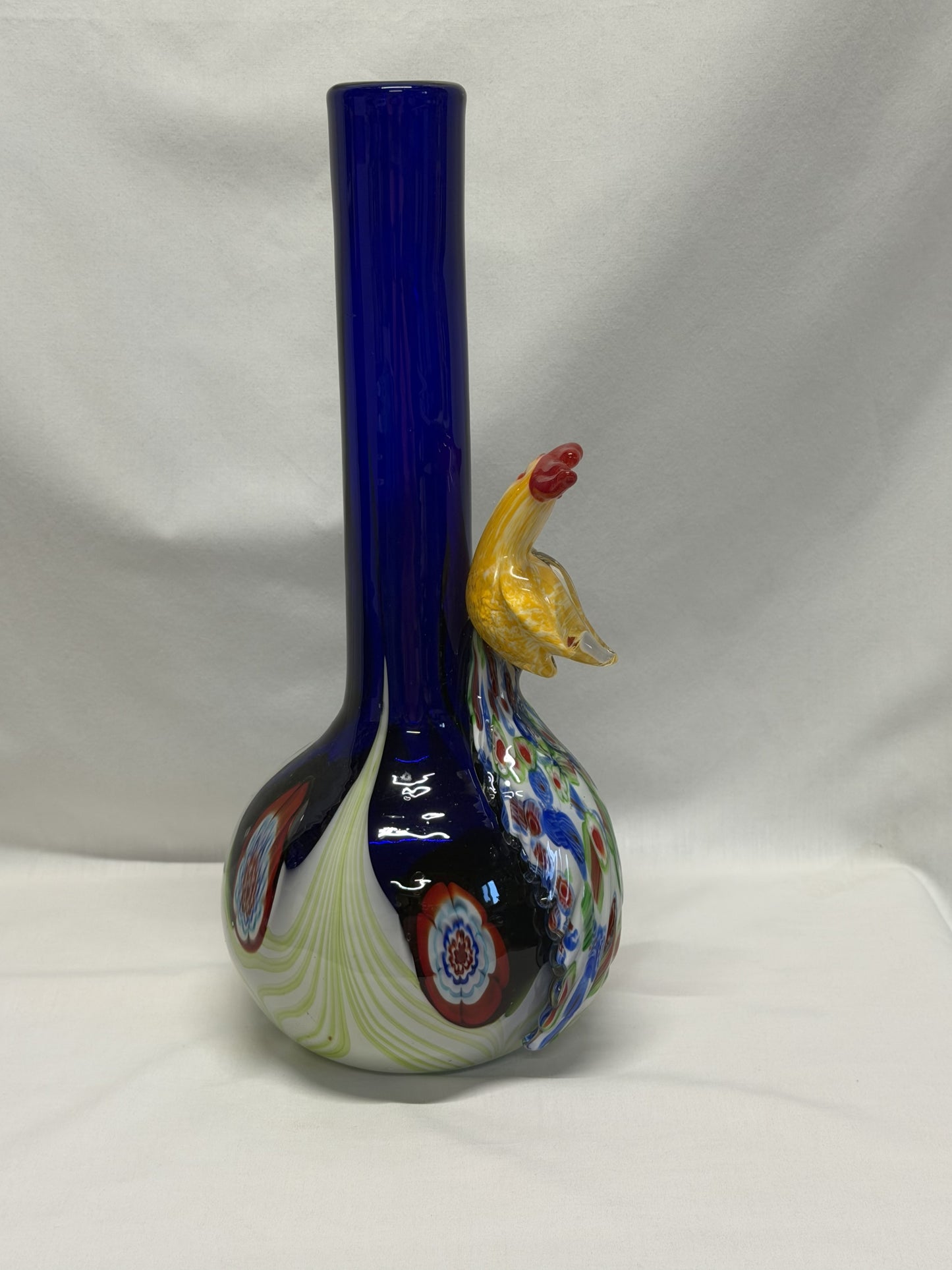 Handblown Art Glass Vase 3D Applied Peacock 14.25 Inches High