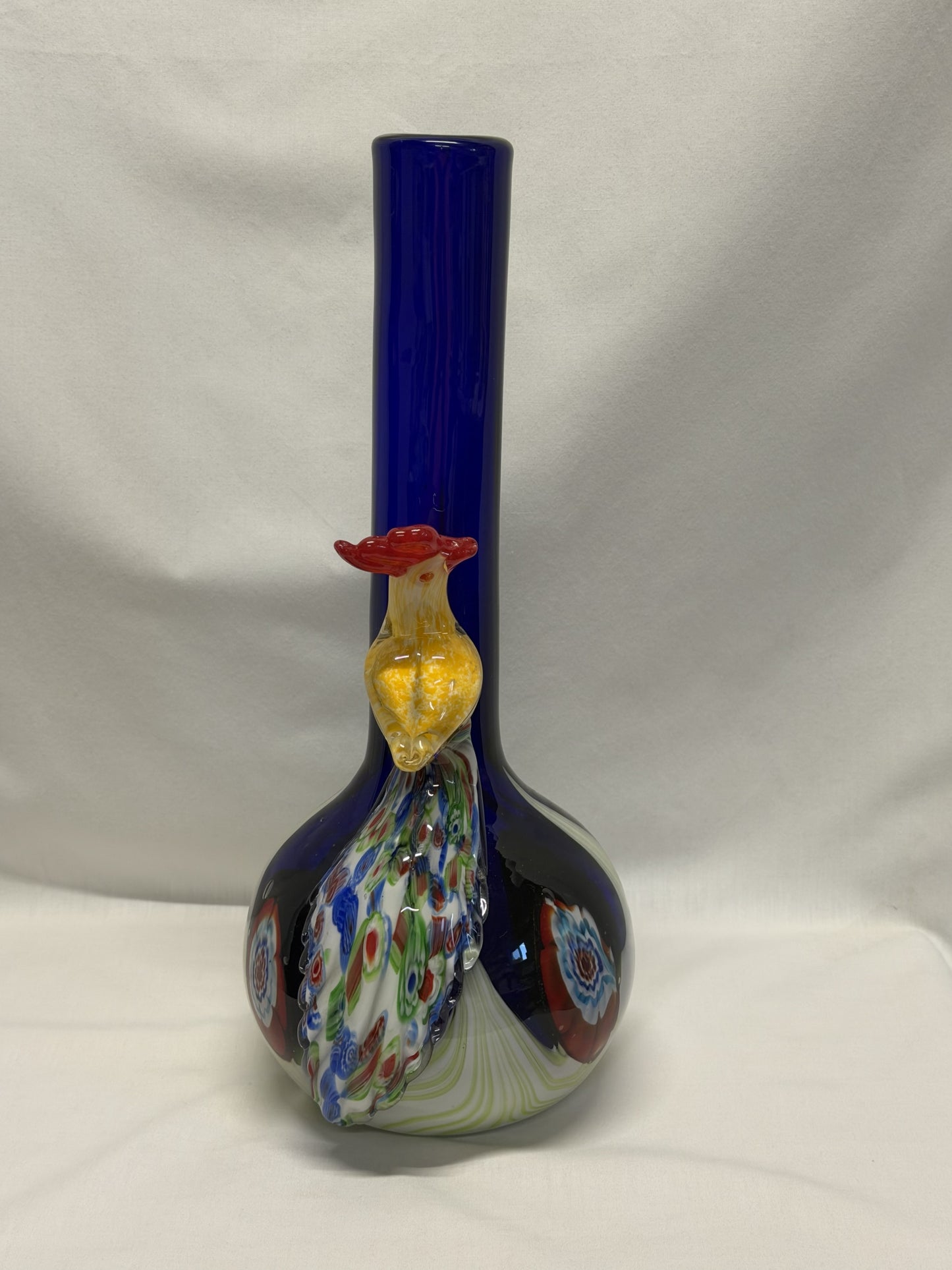Handblown Art Glass Vase 3D Applied Peacock 14.25 Inches High