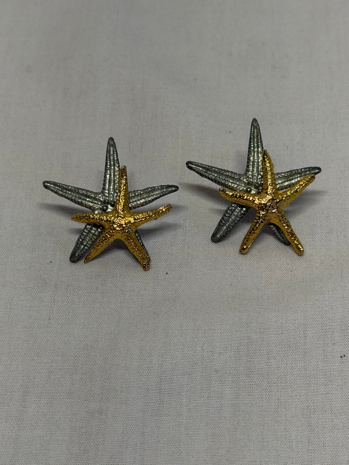 Vintage 1993 Metzke Pewter Starfish Earrings 2 Tone Silver Gold