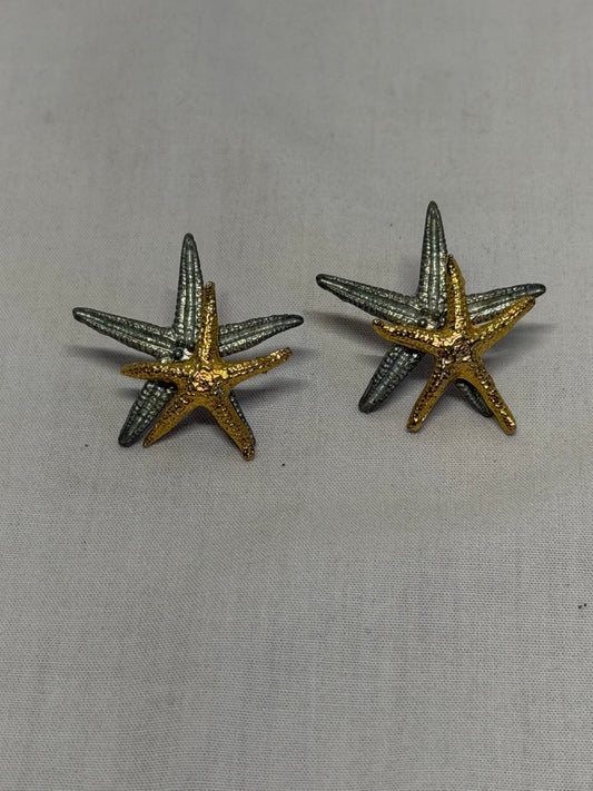 Vintage 1993 Metzke Pewter Starfish Earrings 2 Tone Silver Gold