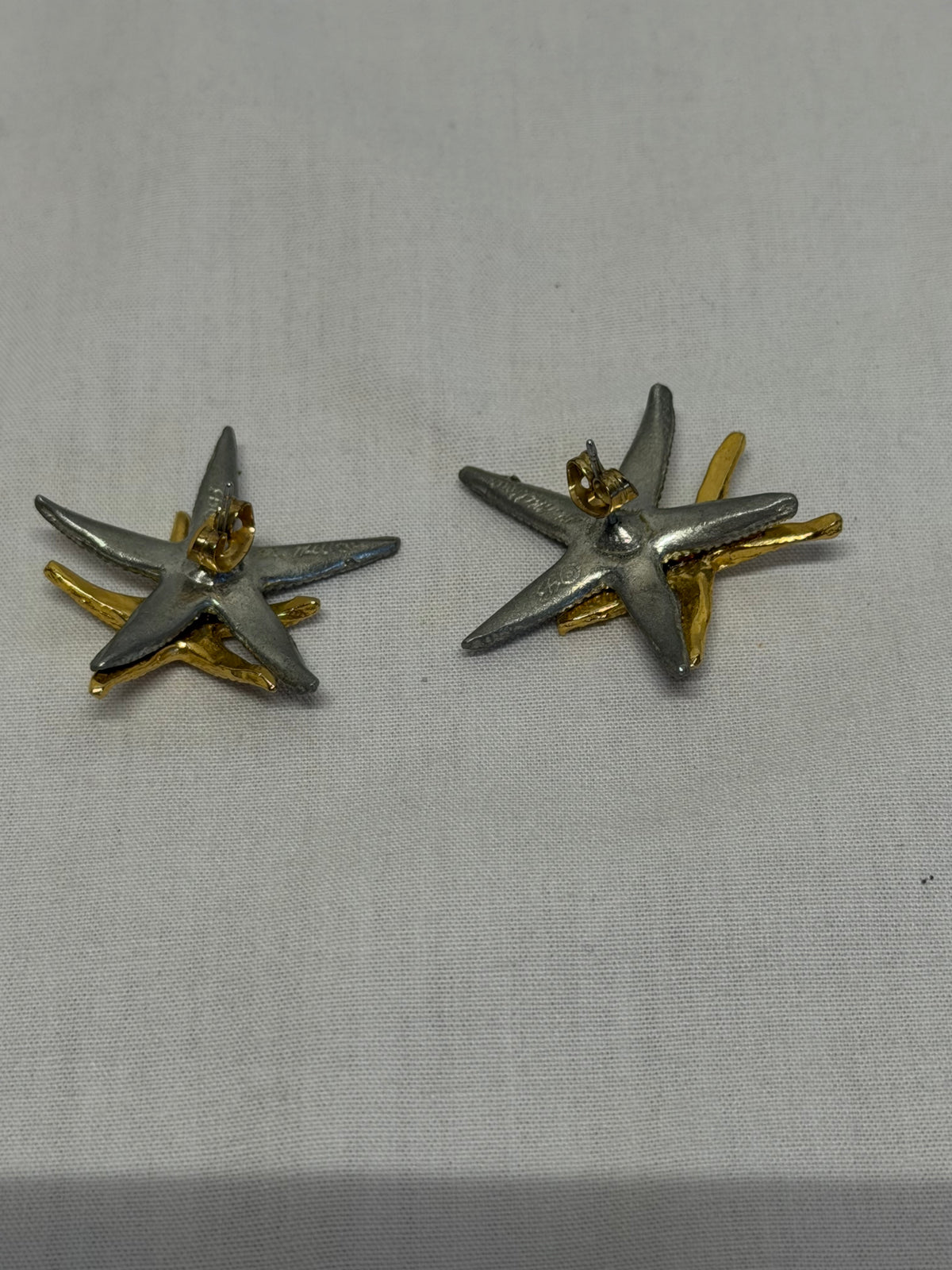 Vintage 1993 Metzke Pewter Starfish Earrings 2 Tone Silver Gold