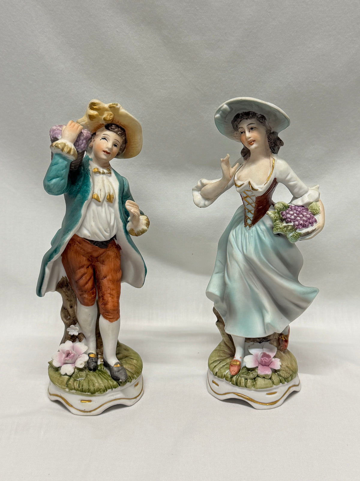 Vintage Victorian Bisque Man and Woman Figurines Carrying Grapes Made in Japan